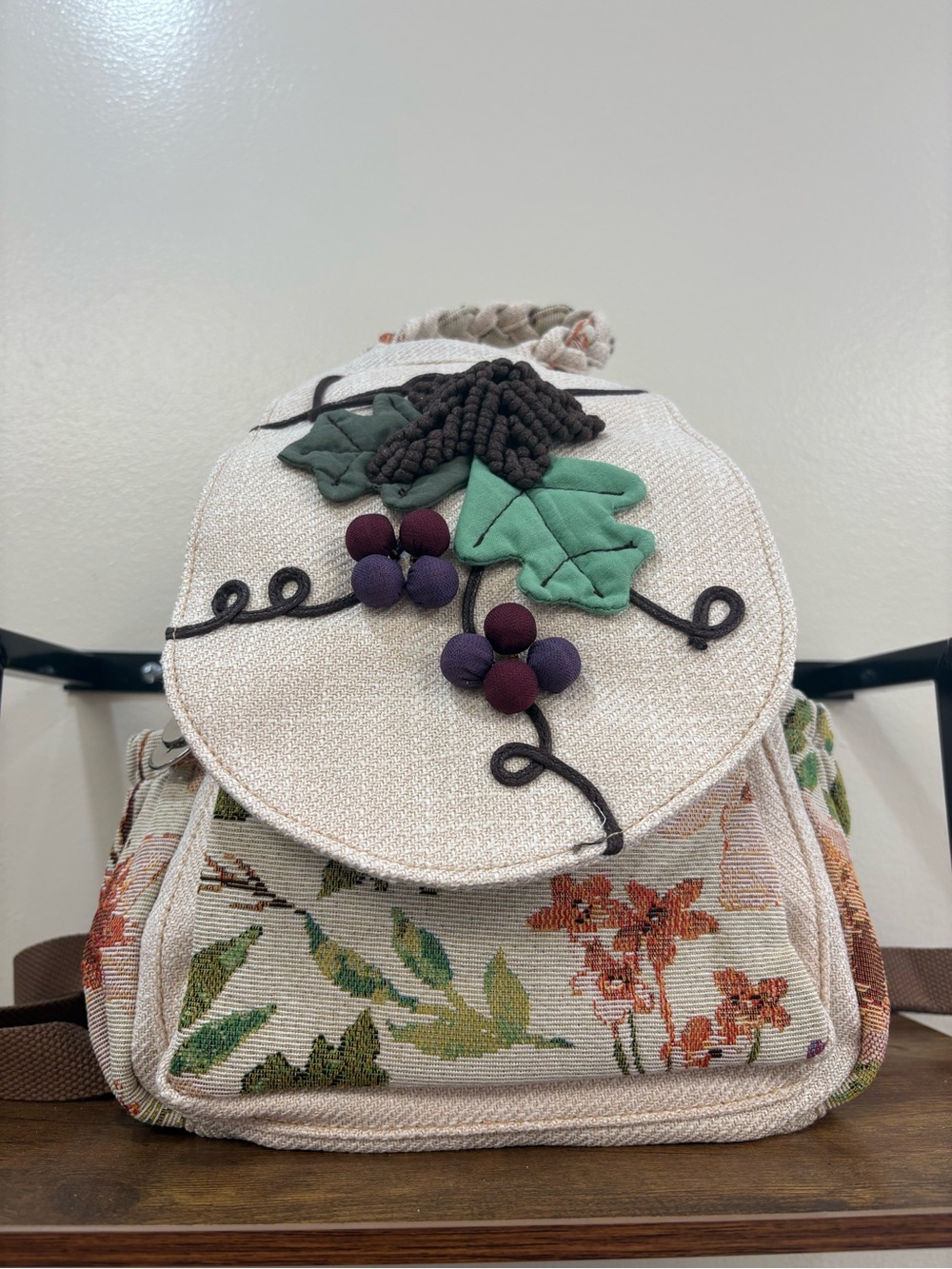 Canvas Floral Backpack with Green Leaf and Berry, vintage Floral